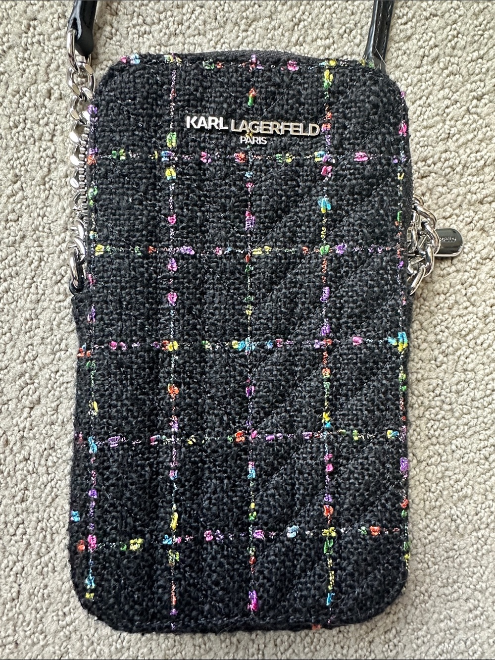 Karl Lagerfeld Black Tweed Crossbody Phone Pouch with Multicolor Stitching